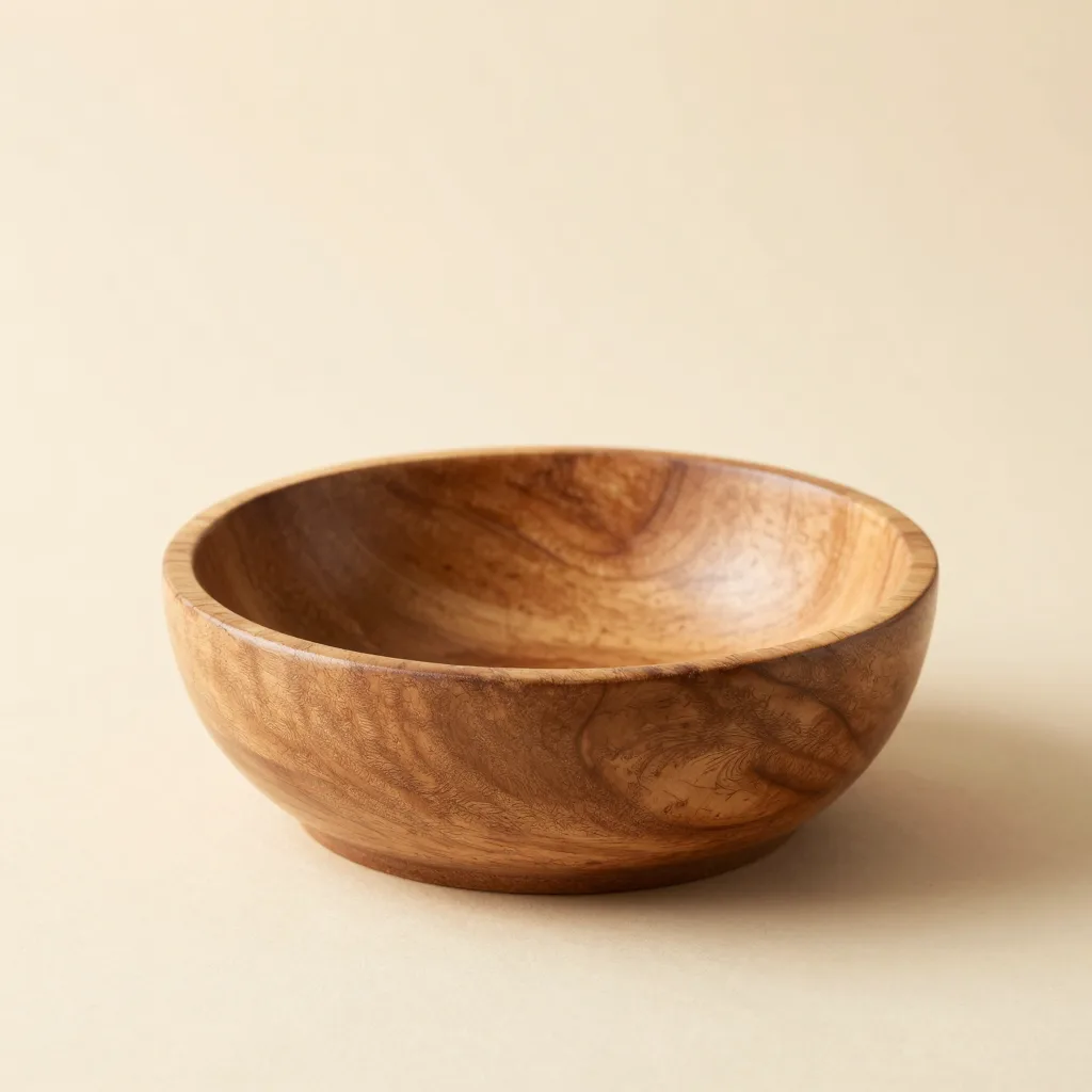 A hand-carved olive wood salad bowl on a light background