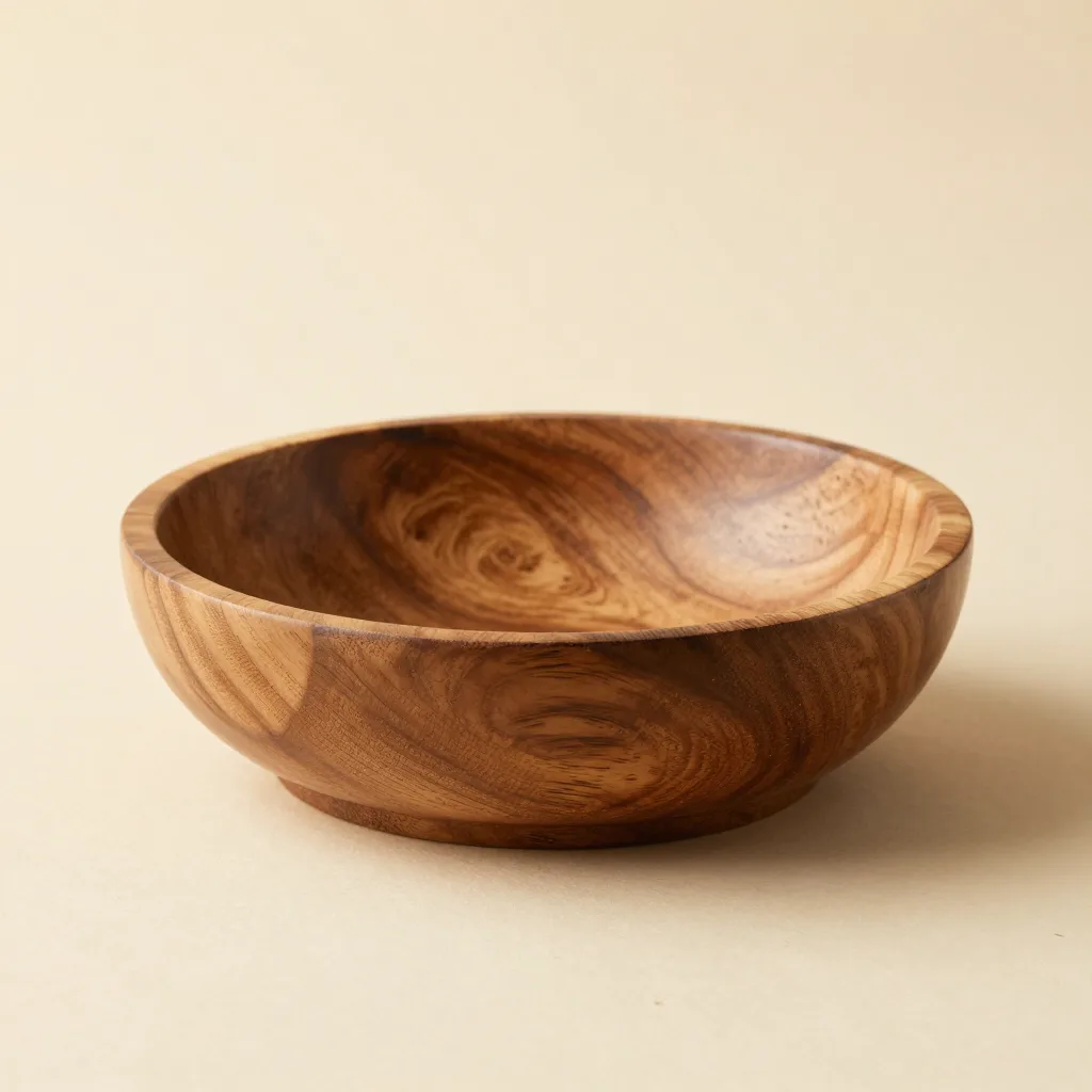 A hand-carved olive wood serving bowl on a light background