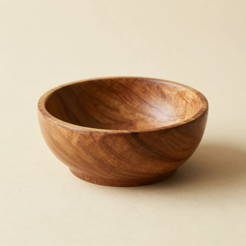 A small hand-carved olive wood bowl on a light background
