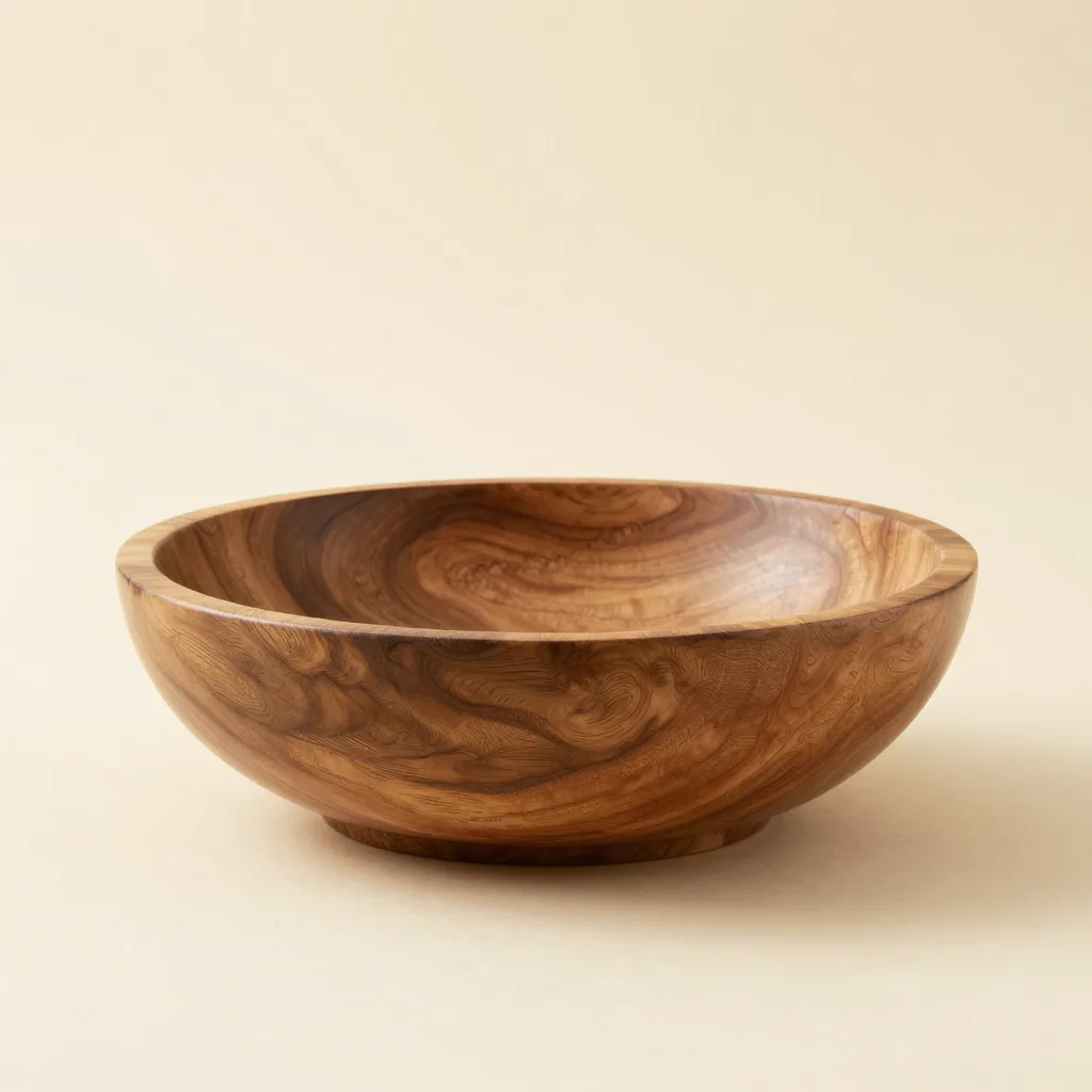 A large hand-carved olive wood fruit bowl on a light background