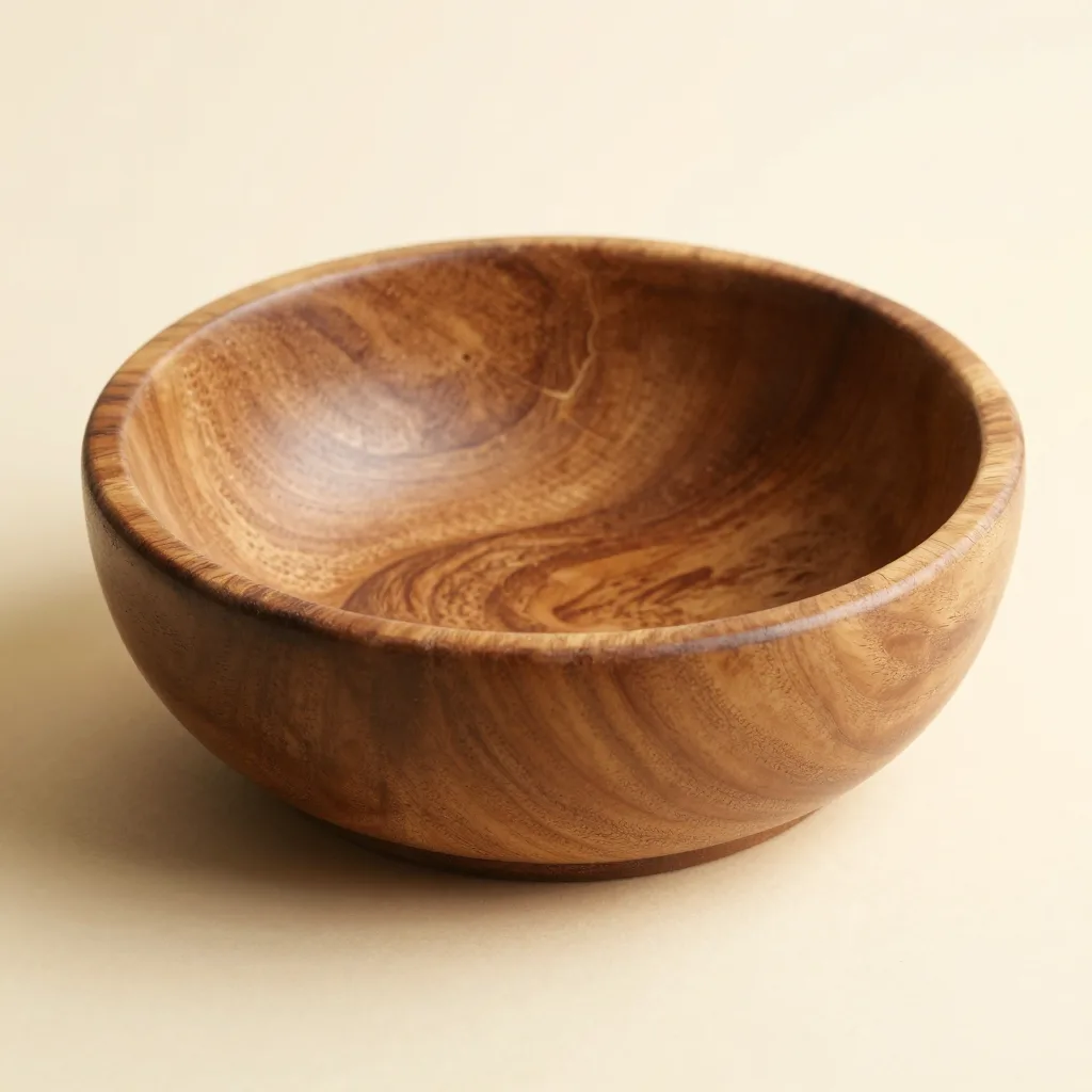 A deep hand-carved olive wood bread bowl on a light background