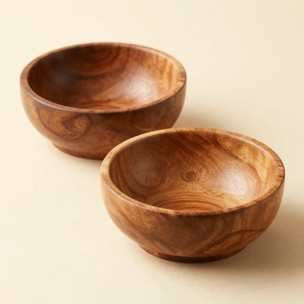 Two hand-carved olive wood bowls together on a light background