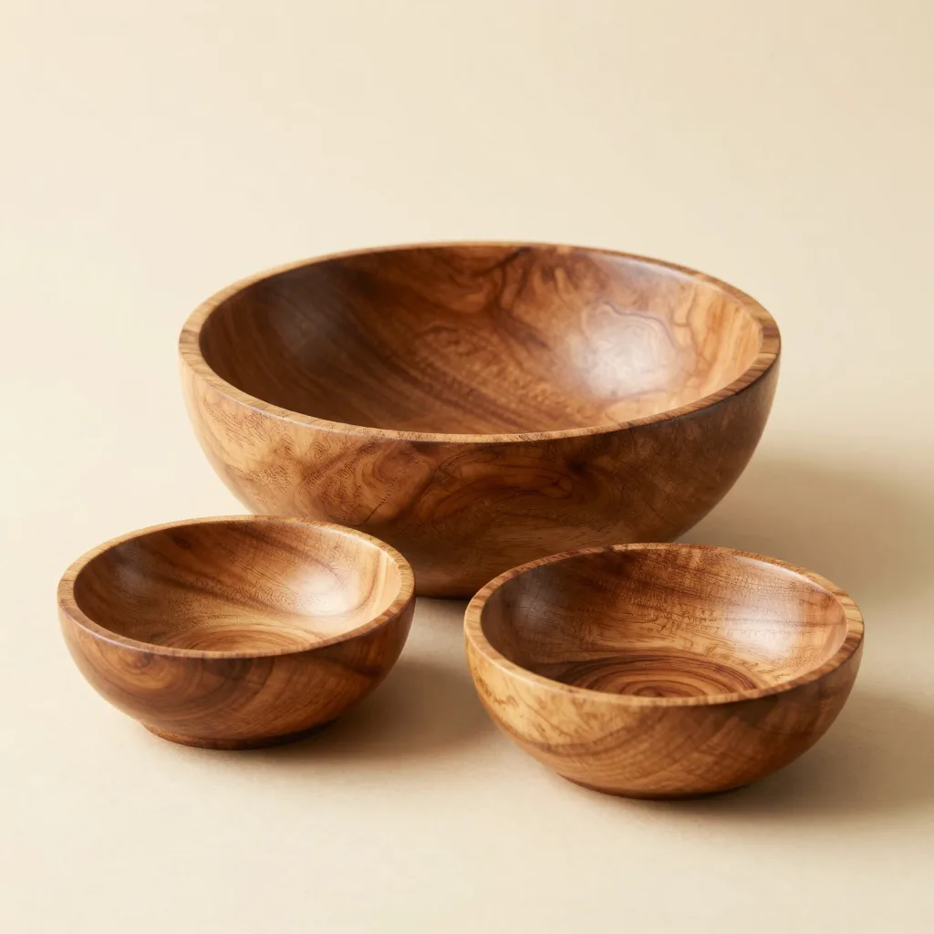 Three hand-carved olive wood bowls of different sizes on a light background