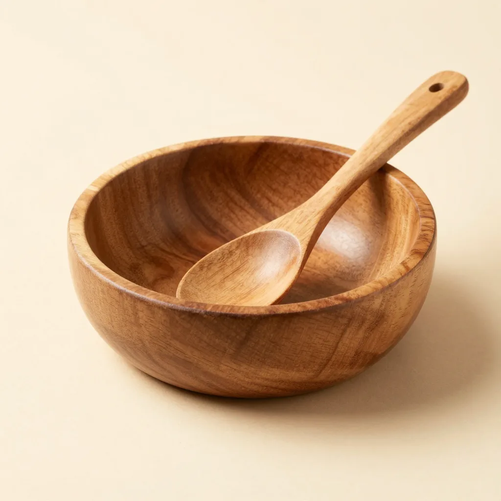 An olive wood serving bowl with a spoon on a light background