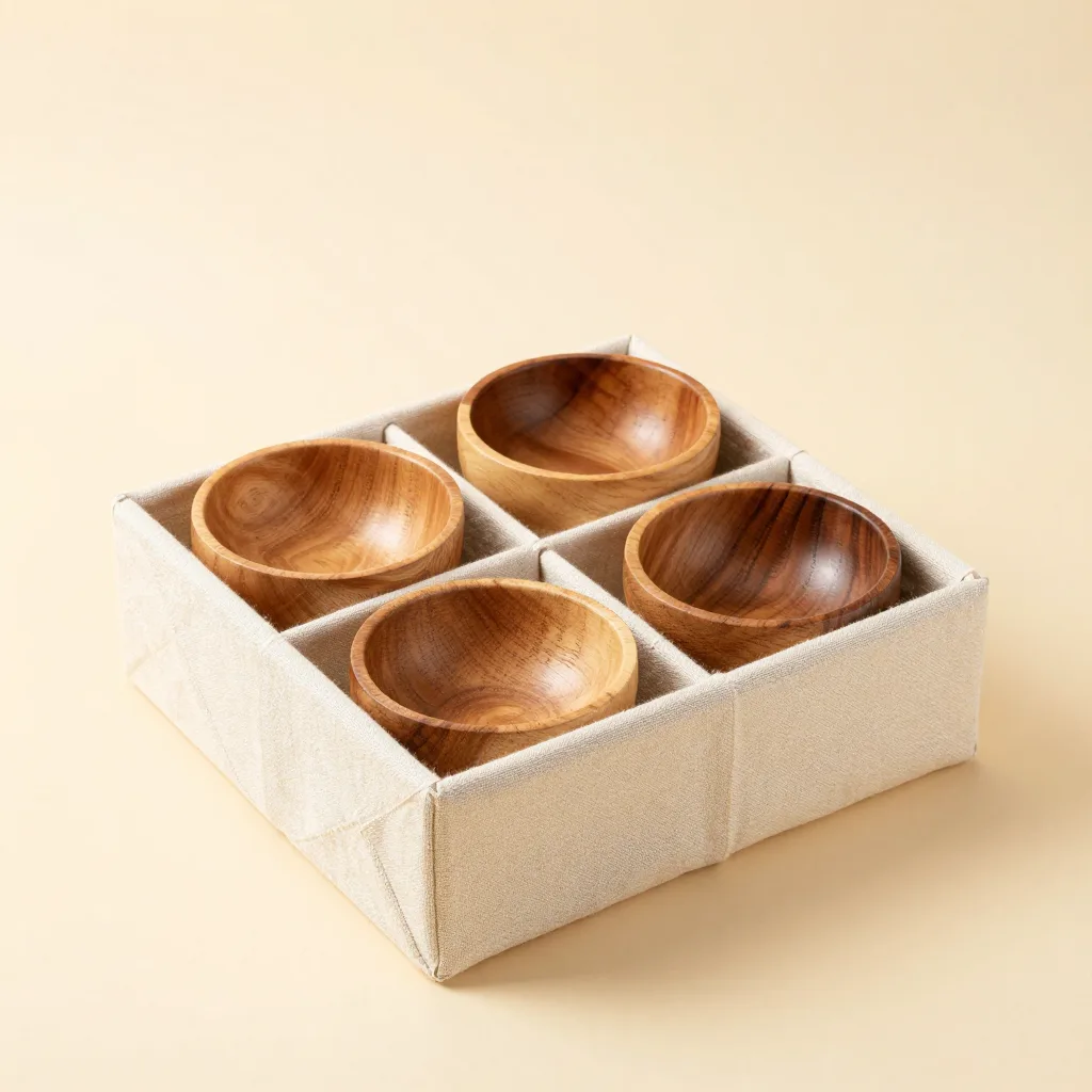 An olive wood gift set of bowls in a cotton wrap on a light background